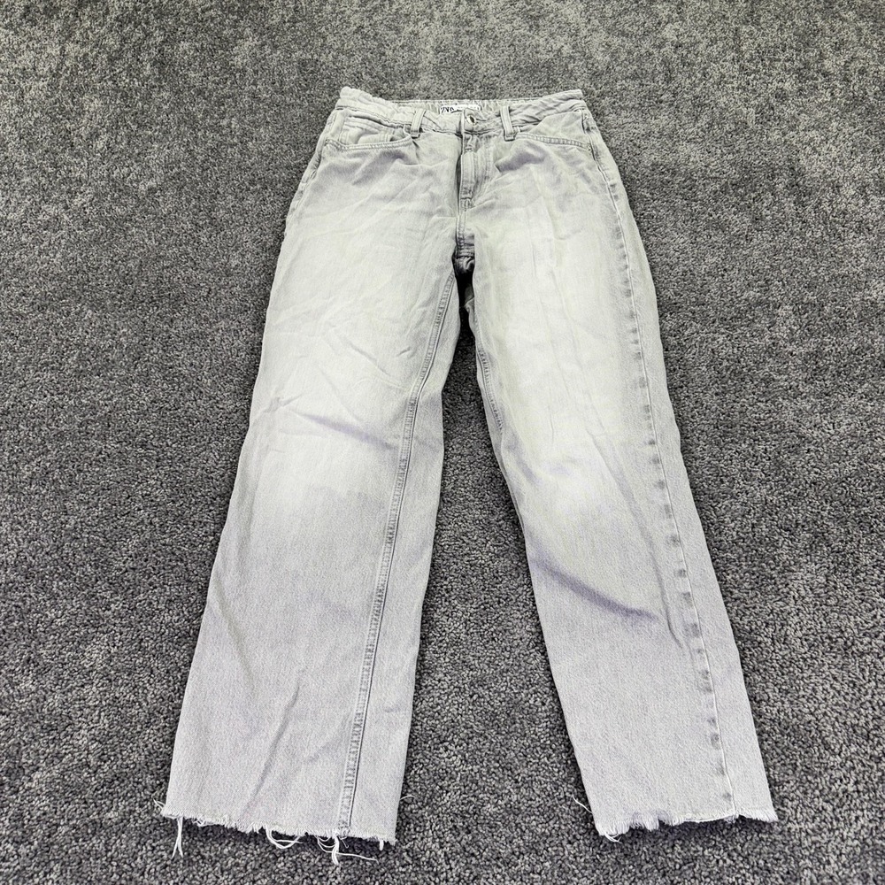 Zara Jeans Womens 8 Gray High Rise Straight Denim Light Wash Distressed Casual